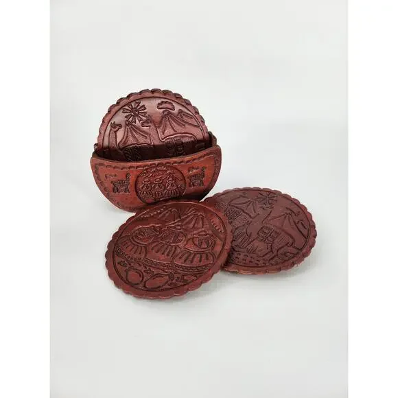 Genuine Peruvian Tooled Leather Coaster Set with Holder - Picture 8 of 12